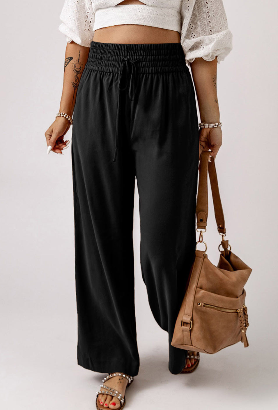 Black drawstring Casual Wide-leg pants