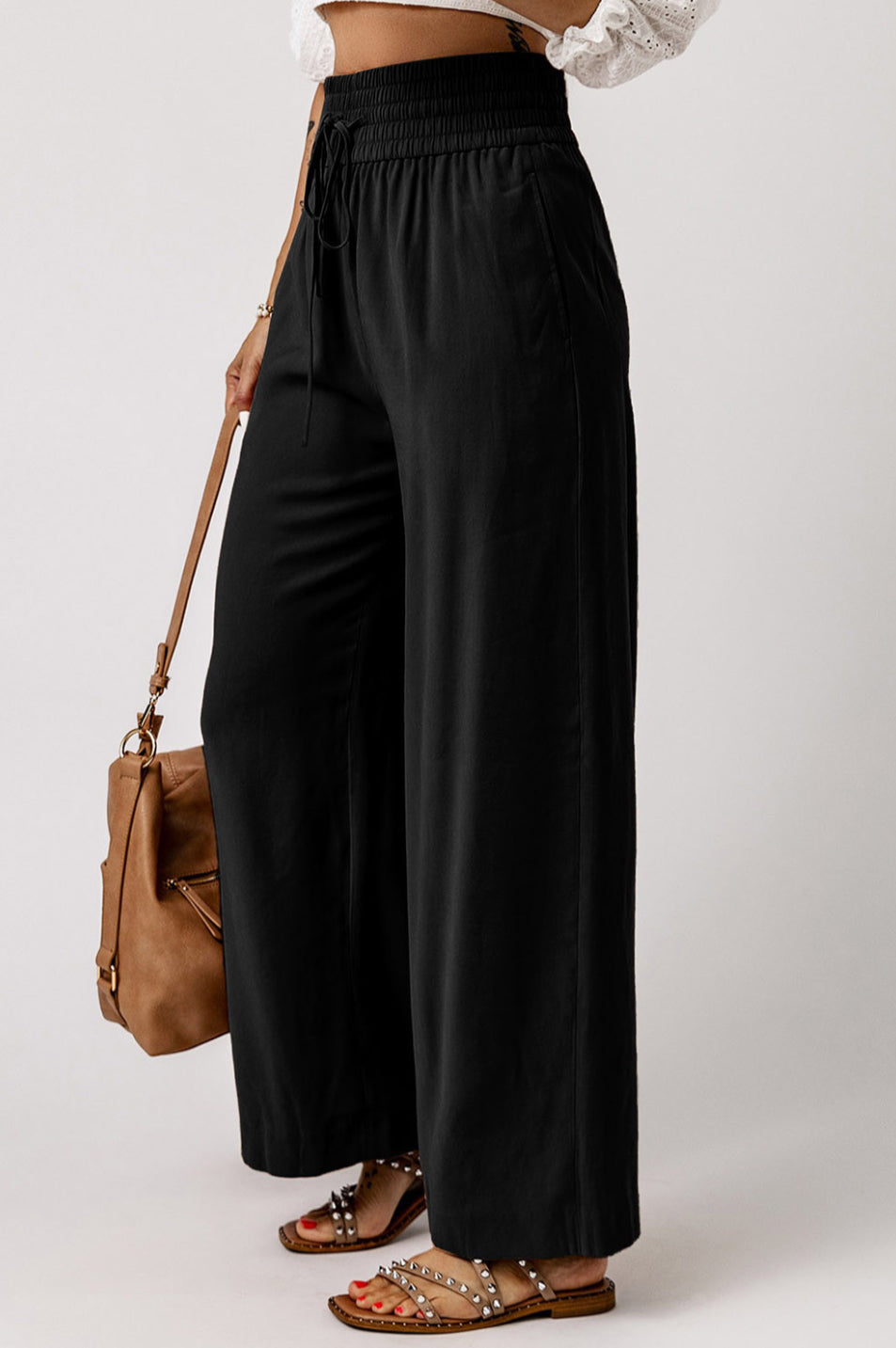 Black drawstring Casual Wide-leg pants